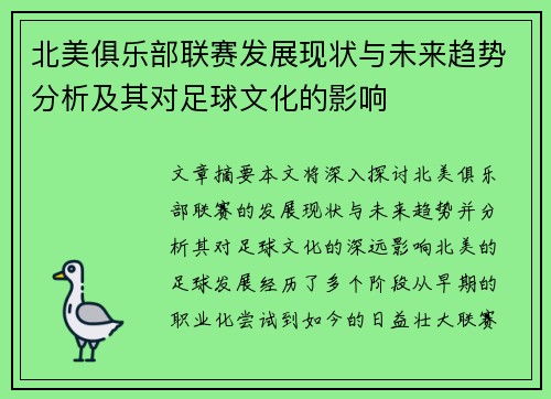 北美俱乐部联赛发展现状与未来趋势分析及其对足球文化的影响