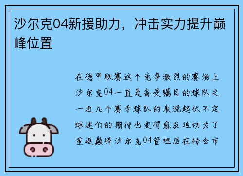 沙尔克04新援助力，冲击实力提升巅峰位置
